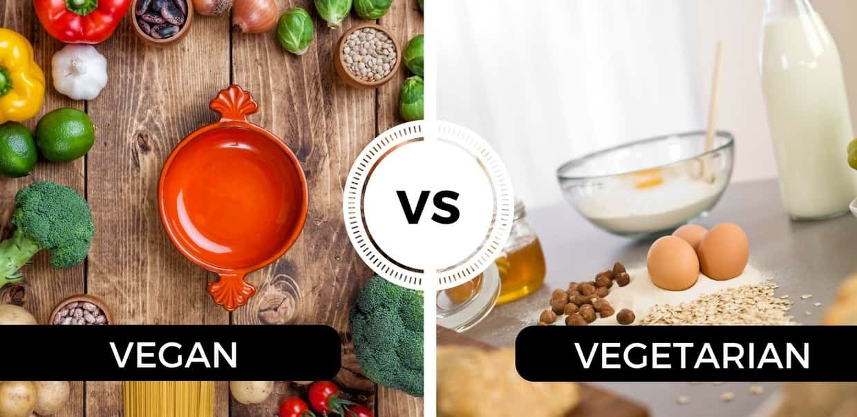 Δύο φωτογραφίες, η μια δίπλα στην άλλη που απεικονίζουν μαγειρικά σκεύη και φαγητά, δείχνοντας τις διαφορές της vegan δίαιτας από τη vegeterian.